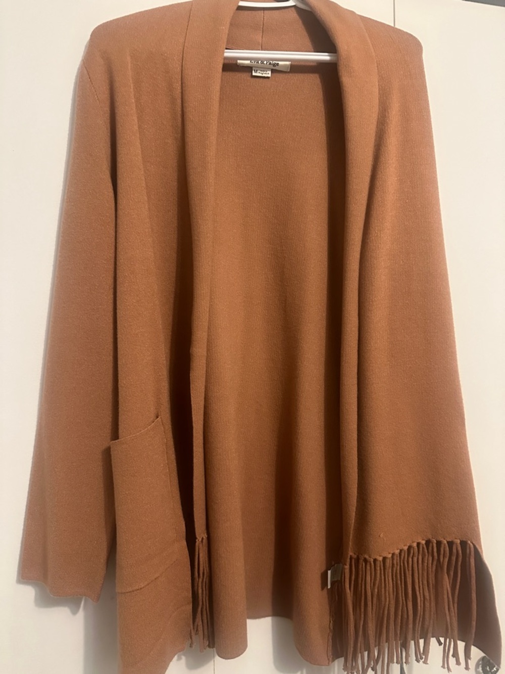 Fringe Hem Open Front Cardigan - tan